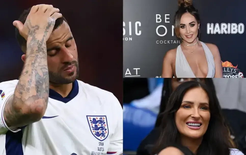 Kyle Walker frustrated, Lauryn Goodman confident, Annie Kilner smiling, ongoing feud.